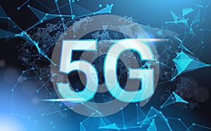 5g Internet Connection Speed Sign Over Futuristic Low Poly Mesh Wireframe On Blue Background