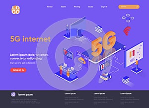 5G internet isometric landing page. Mobile telecommunication, 5G generation technology standard, cellular networks isometry web