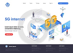 5G internet isometric landing page. Mobile telecommunication, 5G generation technology standard, cellular networks isometry web