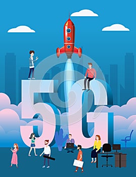 5G internet new mobile wireless technology wifi connection. Start rocket tine people city letters 5g. Fifth innovative