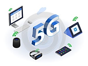 5g internet technology service. Fast connect and cloud service. Digital gadgets, smart speaker and virtual reality