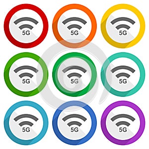5G internet wireless communication, network vector icons, set of colorful flat design buttons for webdesign and mobile