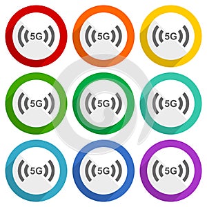 5G internet wireless communication, network vector icons, set of colorful flat design buttons for webdesign and mobile