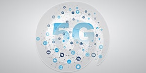 5G Label with Network Mesh, Icons Representing Various Digital Services - High Speed Broadband Mobile Telecommunication