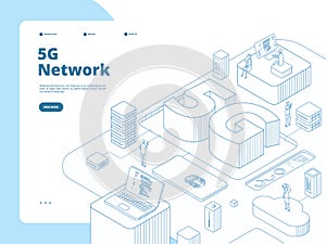 5g landing page. Wifi broadcasting 5g technology, speed internet in device. Global network telecommunication isometric