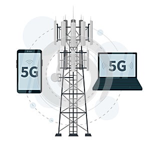 5G mast base stations with smartphone and laptop