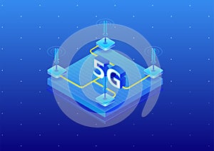 5G modern telephony mobile network concept. Isometric 3D vector illustration of a 5G infrastructure