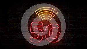 5G neon symbol on brick wall