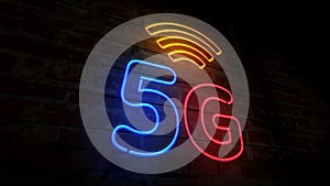 5G neon symbol on brick wall