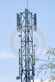5G Network Connection Concept-5G smart cellular network antenna base station on the telecommunication mast. at a blue sky in a