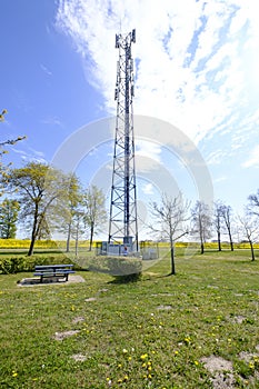 5G Network Connection Concept-5G smart cellular network antenna base station on the telecommunication mast. In a green environment