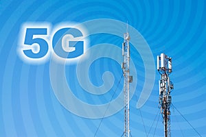 5G Network Connection Concept. Micro cell 3G, 4G, 5G Mobile phone base station against a blue sky with rays and text 5G. Smart ce