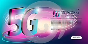 5G network. Innovative generation of the global high speed Internet broadband. New wireless internet wifi connection. Glowing neon