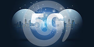 5G Network Label with Cityscapes Inside of Globes - Dark Blue Background, High Speed Broadband Mobile Telecommunication