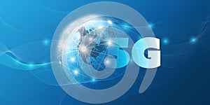 5G Network Label with Earth Globe and World Map Backround- High Speed, Broadband Mobile Telecommunication