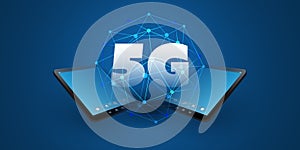 5G Network Label in Front of Tablet PC Devices and Wire Frame Mesh - High Speed, Broadband Mobile Telecommunication