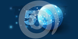 5G Network Label with Polygonal Mesh Patterned Continents of an Earth Globe - High Speed, Broadband Mobile Telecommunication