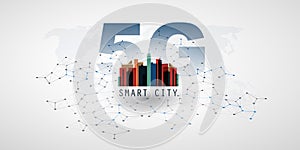 5G Network Label with Skyscrapers, Cityscape and Network Mesh - Background High Speed Broadband Mobile Telecommunication