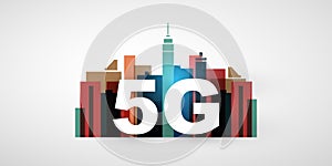 5G Network Label with Skyscrapers, Cityscape Skyline - Background High Speed Broadband Mobile Telecommunication