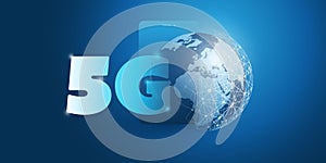 5G Network Label with Smart Phone and Earth Globe - Futuristic High Speed, Broadband Mobile Telecommunication