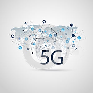 5G Network Label with Wireframe Sphere, Icons and World Map - High Speed, Broadband Mobile Telecommunication and Wireless Internet