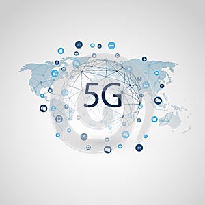 5G Network Label with Wireframe Sphere, Icons and World Map - High Speed, Broadband Mobile Telecommunication and Wireless Internet