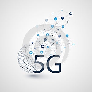 5G Network Label with Wireframe Sphere, Mesh and Icons -Abstract  Futuristic High Speed, Broadband Mobile Telecommunication