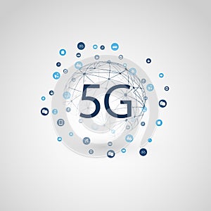 5G Network Label with Wireframe Sphere, Mesh and Icons -Abstract  Futuristic High Speed, Broadband Mobile Telecommunication