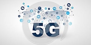 5G Network Label with World Map, Icons and Network Mesh - High Speed Broadband Mobile Telecommunication and Wireless Internet