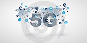 5G Network Label with World Map, Icons and Network Mesh - High Speed Broadband Mobile Telecommunication and Wireless Internet