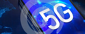 5G network for mobile phone. Banner. Modern wireless technology, business communication, connection, global networks