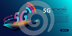 5G network new wireless internet wifi connection. Innovative generation of the global high speed Internet broadband. Neon glowing