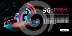 5G network new wireless internet wifi connection. Neon glowing abstract background. Innovative generation of the global high speed