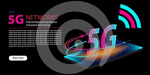 5G network new wireless internet wifi connection. Technology neon glowing abstract background. Innovative generation of the global