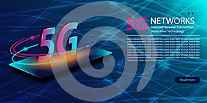 5G network new wireless internet wifi connection. Technology neon glowing abstract background. Innovative generation of the global