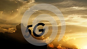 5G network sign installation over beautiful sunset.