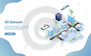 5g network on smart city building technology with wifi signal with isometric modern style for website template or landing homepage