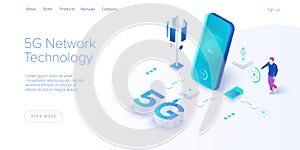 5g network technology in isometric vector illustration. Wireless mobile telecommunication service concept. Marketing website