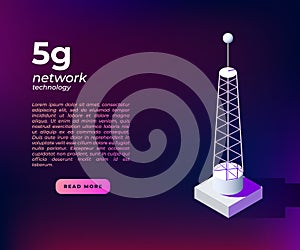 5g network technology poster concept with isometric communication tower. Landing page wireless 5g network connection