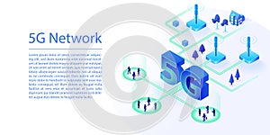 5G network web banner background for the telco industry. 3d isometric vector illustration of 5G telephony and antennas