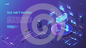 5G network website banner, web page design template, isometric neon vector illustration. High speed wireless connection.