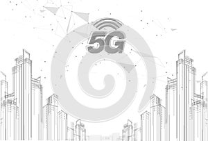 5G network wireless internet Wi-fi connection. Smart city and communication network concept. High speed, broadband