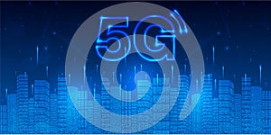 5G network wireless internet Wi-fi connection. Smart city and communication network concept. High speed, broadband