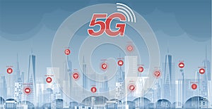 5G network wireless internet Wi-fi connection. Smart city and communication network concept. High speed, broadband