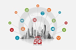 5G network wireless internet Wi-fi connection. Smart city and communication network concept. High speed, broadband