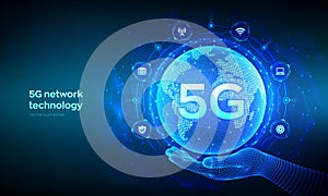 5G network wireless systems and internet of things technology concept. Smart city communication network. 5G wireless mobile