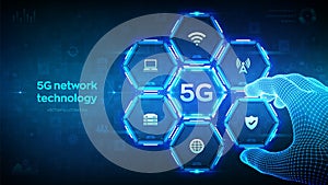 5G network wireless systems technology concept. Smart city. IOT. 5G mobile internet wifi connection. Wireframe hand places an