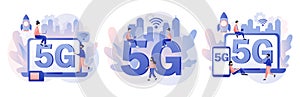 5G network wireless technology. Big letters 5g and tiny people with gadgets use high-speed Internet. Modern flat cartoon