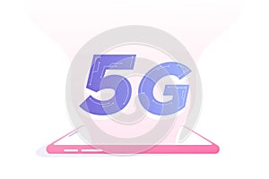 5G network wireless technology concept. A big 5G sign on smartphone device. High-speed mobile internet connection. New 5th