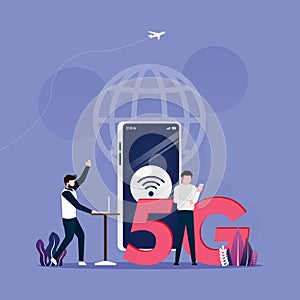 5G network wireless technology concept. People with smartphone and laptop use high-speed Internet. vector illustration